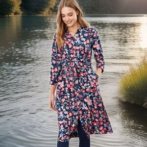 Joules Size 8 Winslet Midi Shirt Dress Drawstring Waist 3/4 Sleeve- Navy Floral